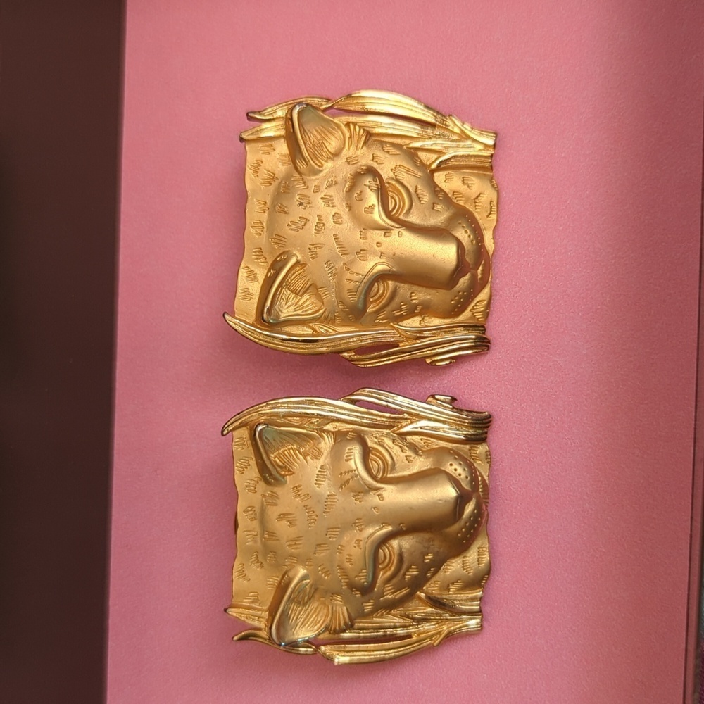🐆 Vintage Earrings Parklane Large Jungle Cat Tiger Cougar Lion grass Gold tone